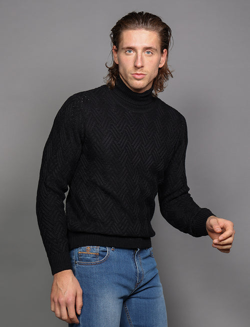 Turtleneck with herringbone inlay