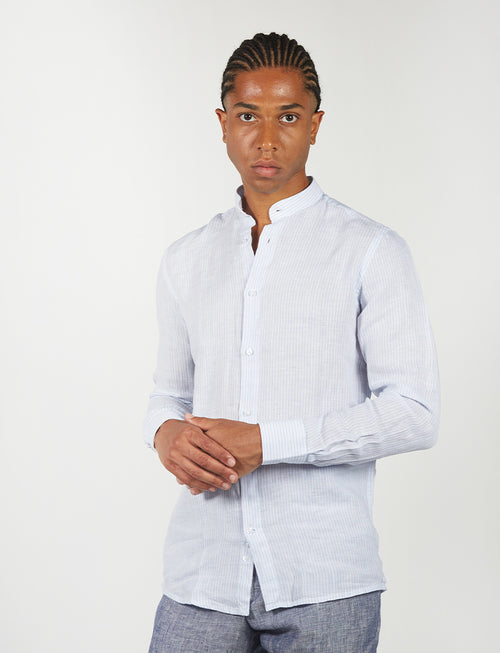 Striped mandarin collar linen shirt