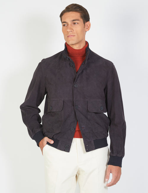 Suede leather jacket with mandarin collar 