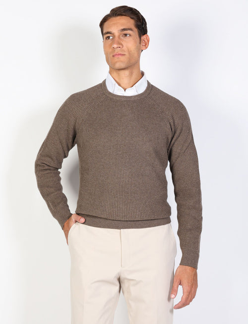 Ribbed cotton and wool crew neck sweater