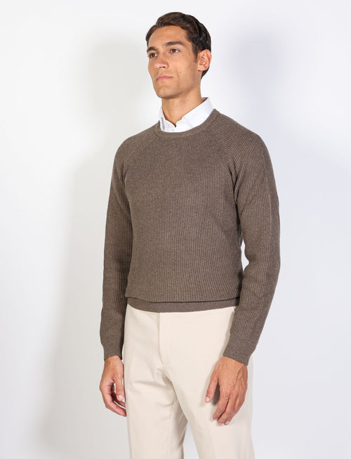 Ribbed cotton and wool crew neck sweater