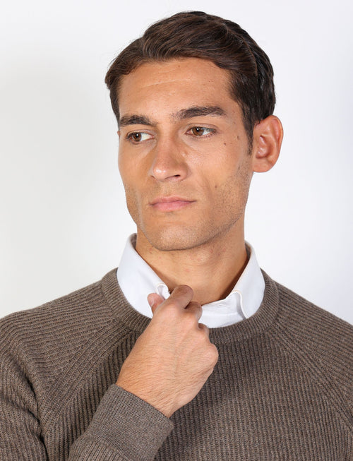 Ribbed cotton and wool crew neck sweater