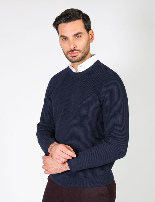 Ribbed cotton and wool crew neck sweater