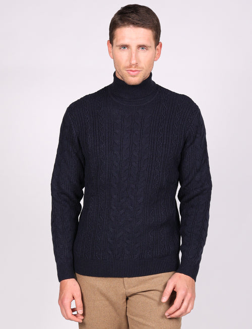 High-neck cable-knit sweater in wool blend